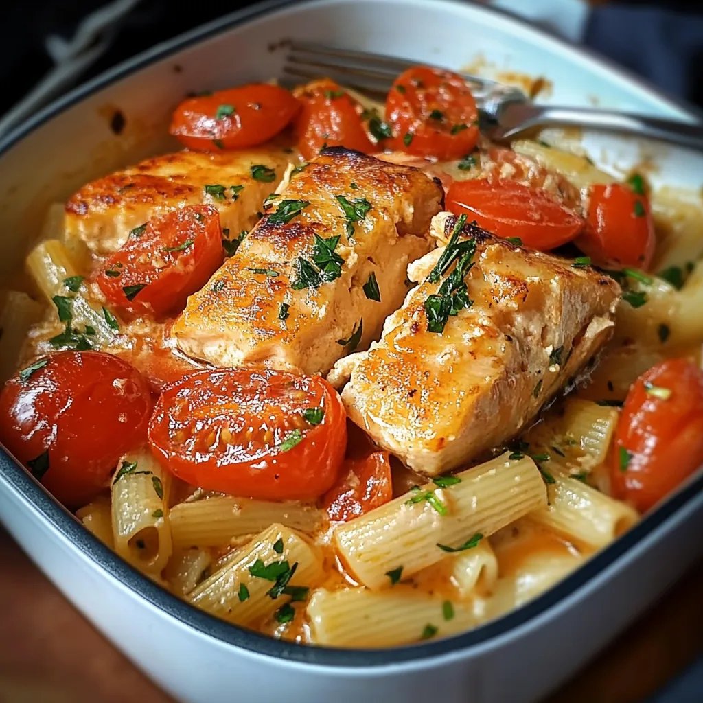 Ofen-Lachs-Pasta mit Tomaten