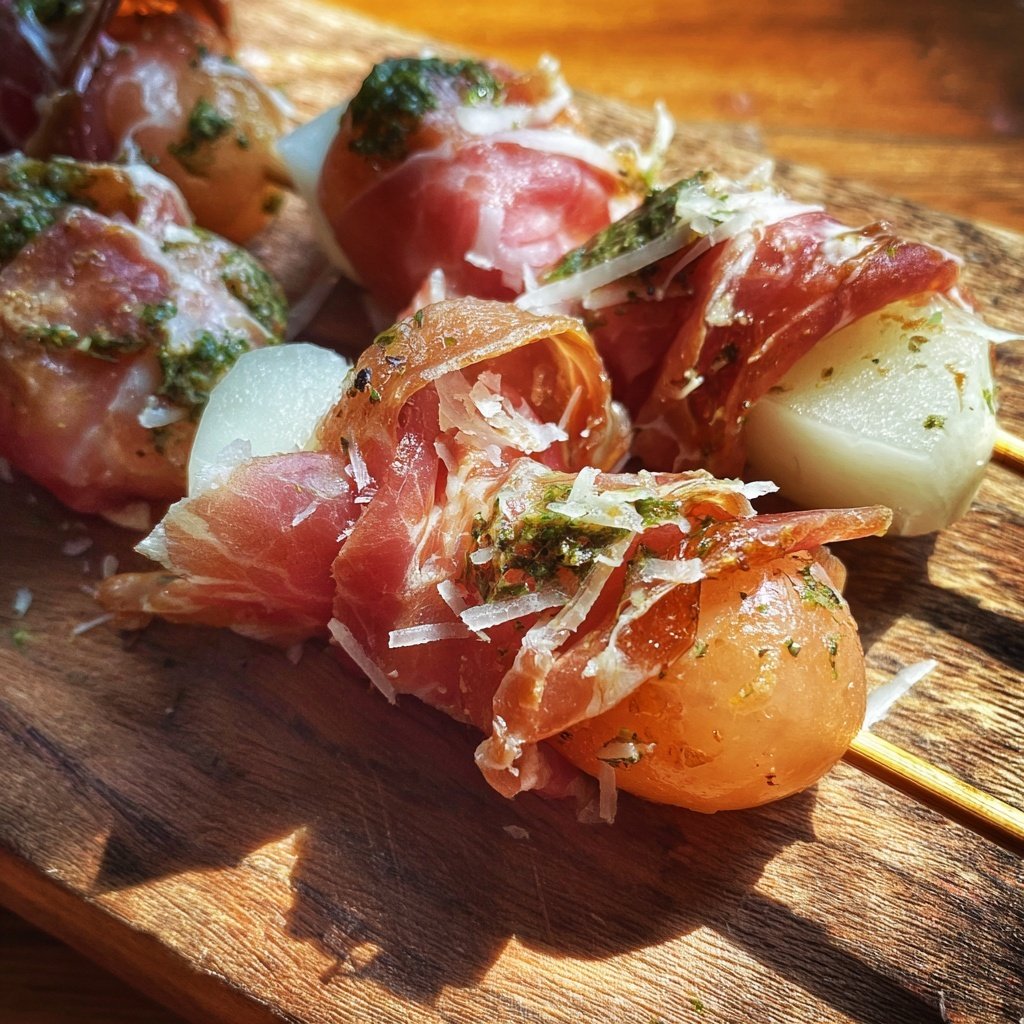 Leckere Prosciutto- und Melonen-Spieße als Vorspeise