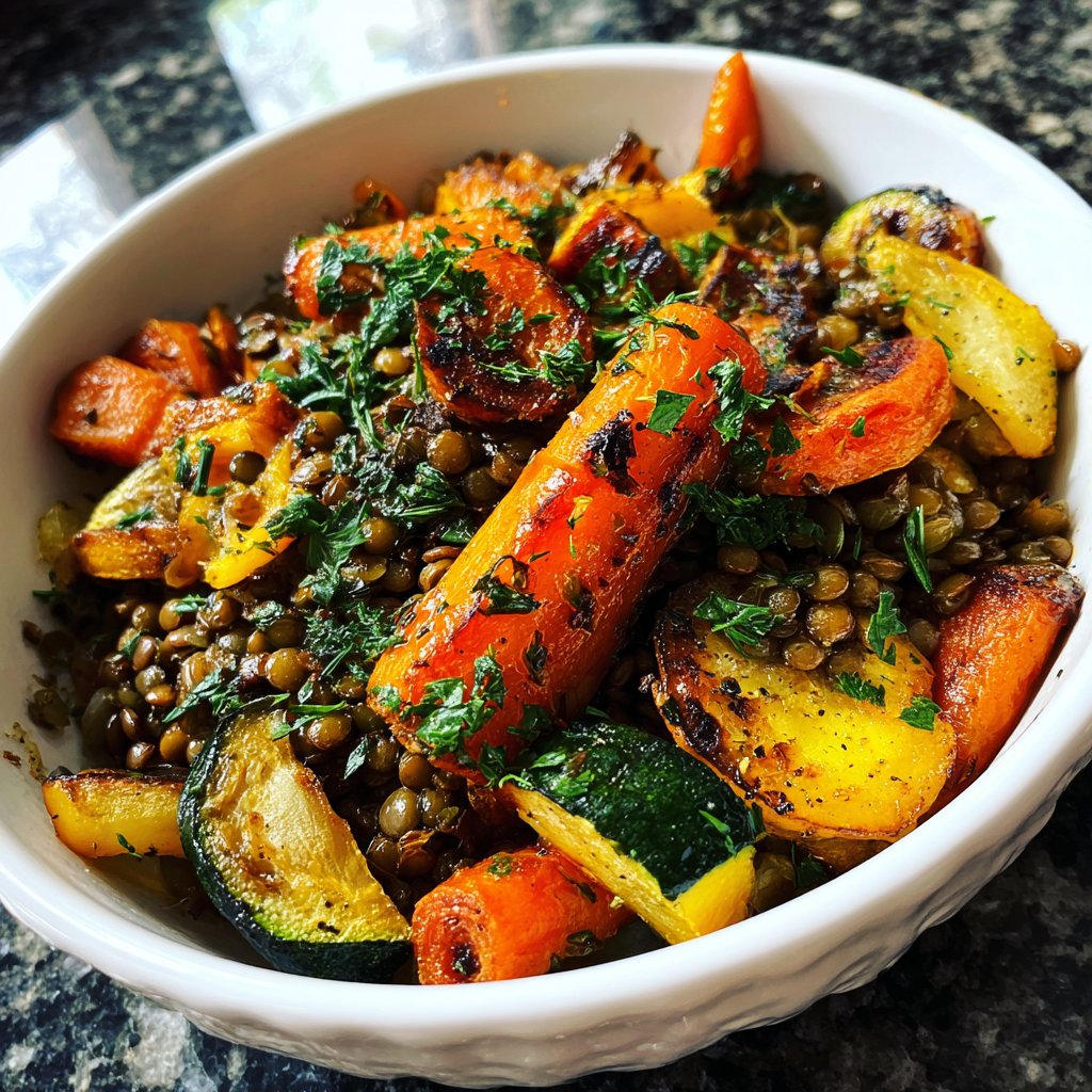 Mittagessen mit Linsen und Ofengemüse