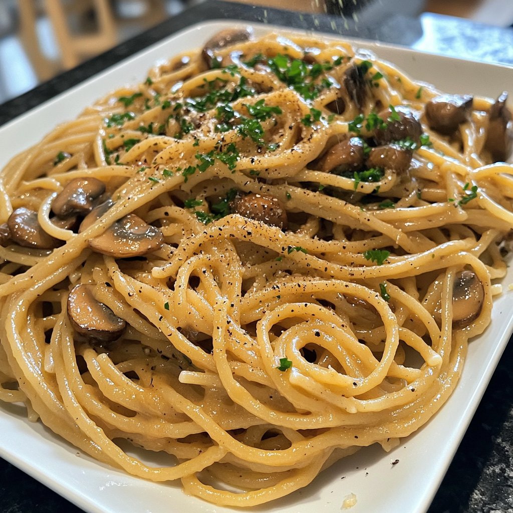 Spaghetti mit Pilzen und Petersilie