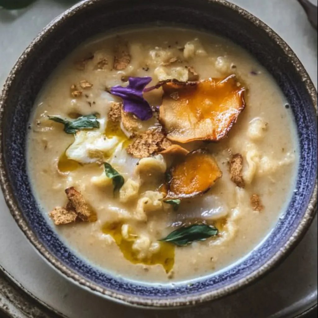 Cremige Sellerie - Birnen Suppe mit Lachs und Cracker Crunch